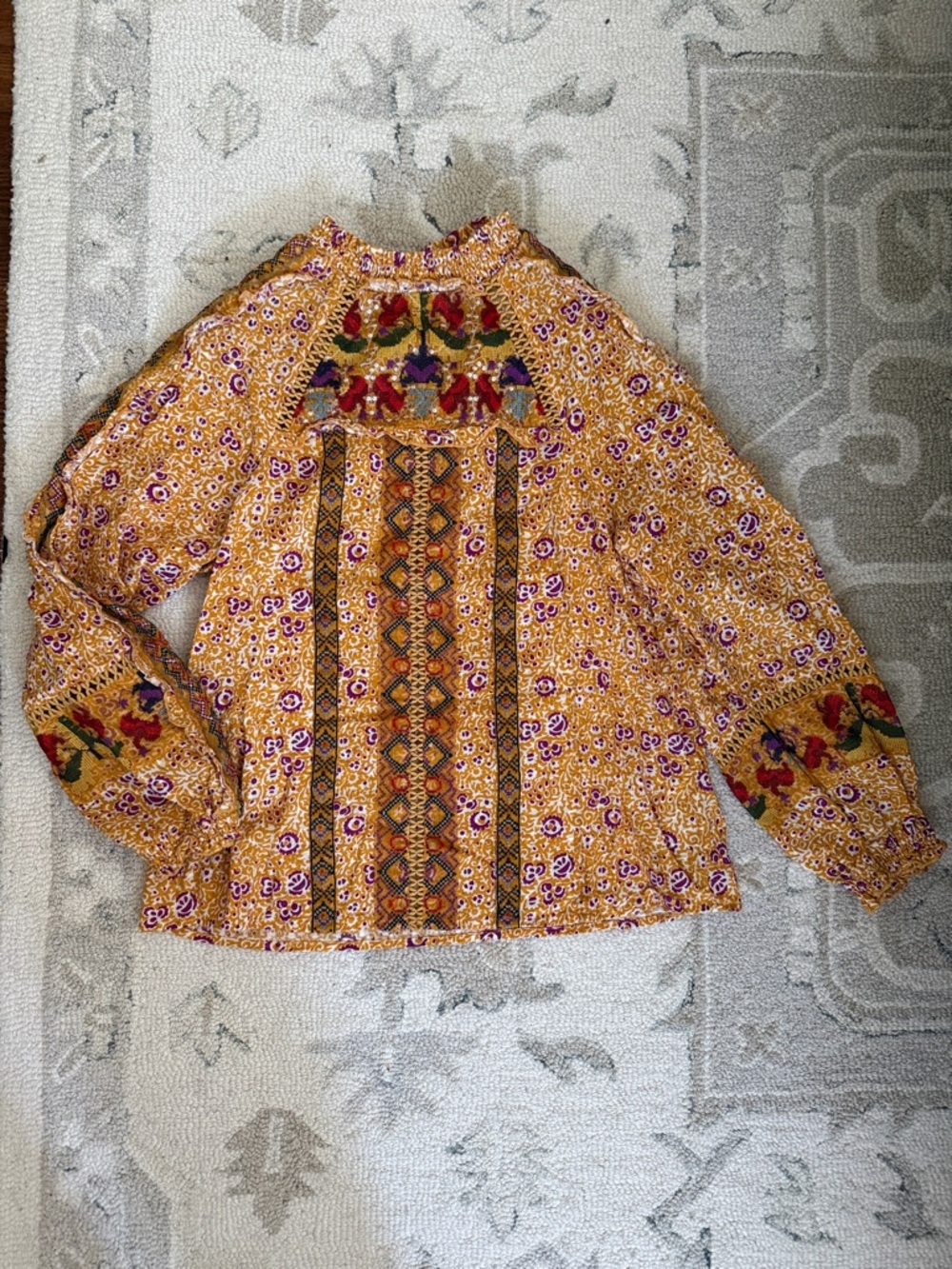 Anthropologie Maeve Mustard and Berry Embroidered and Appliqué Floral Print Top